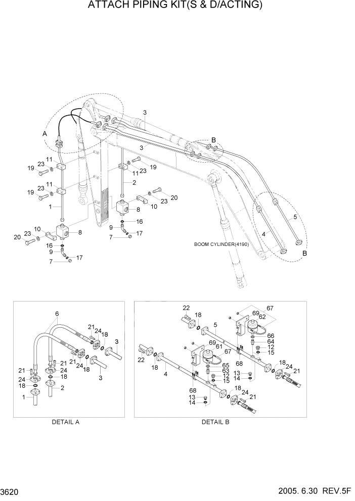 Схема запчастей Hyundai R170W7 - PAGE 3620 ATTACH PIPING KIT(S & D/ACTING) ГИДРАВЛИЧЕСКАЯ СИСТЕМА