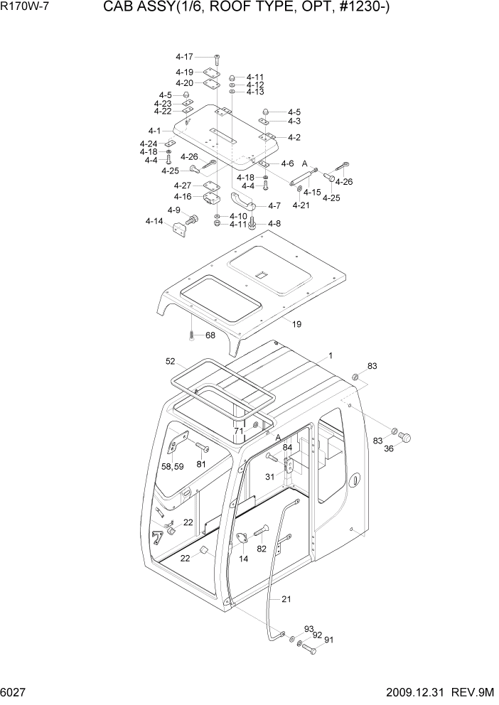 Схема запчастей Hyundai R170W7 - PAGE 6027 CAB ASSY(1/6, ROOF TYPE, OPT, #1230-) СТРУКТУРА