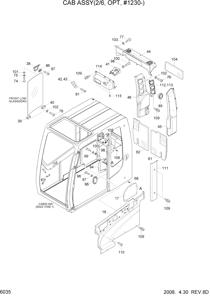 Схема запчастей Hyundai R170W7 - PAGE 6035 CAB ASSY(2/6, OPT, #1230-) СТРУКТУРА