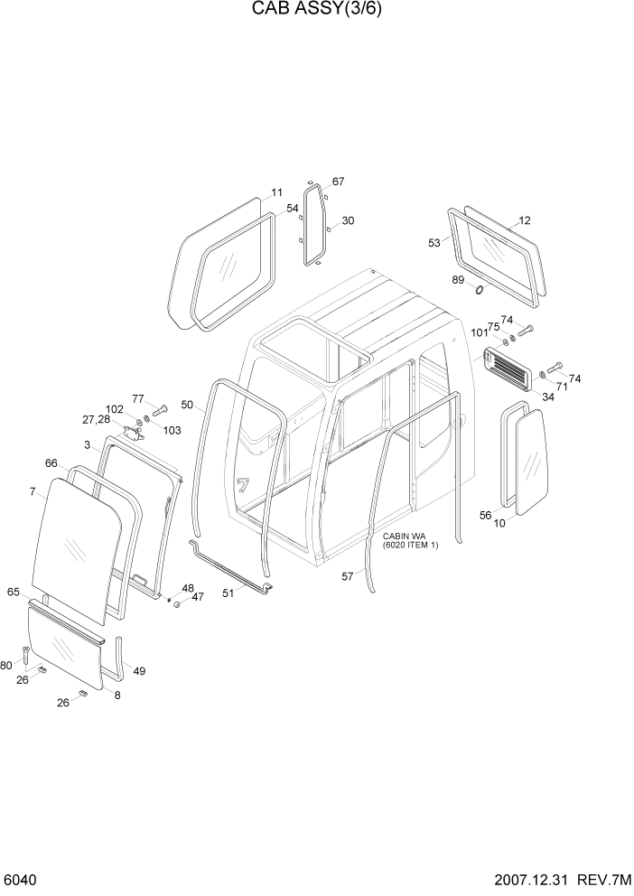 Схема запчастей Hyundai R170W7 - PAGE 6040 CAB ASSY(3/6) СТРУКТУРА