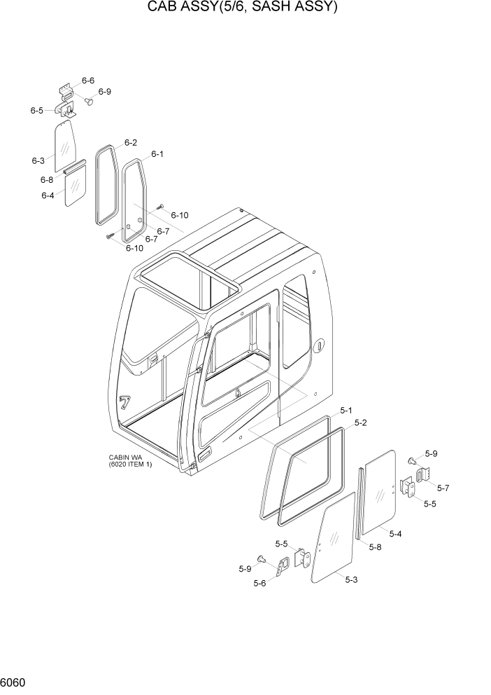 Схема запчастей Hyundai R170W7 - PAGE 6060 CAB ASSY(5/6, SASH ASSY) СТРУКТУРА