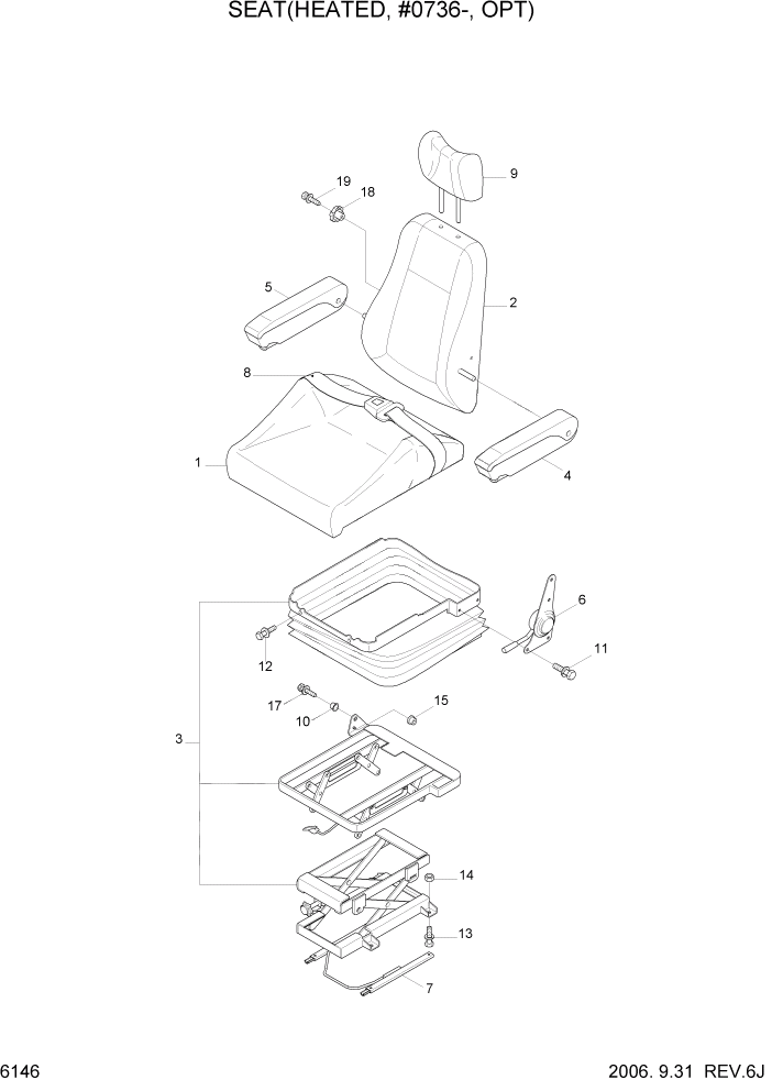 Схема запчастей Hyundai R170W7 - PAGE 6146 SEAT(HEATED, #0736-, OPT) СТРУКТУРА