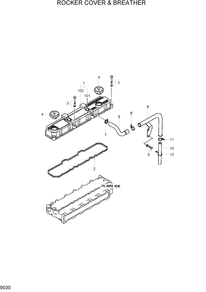 Схема запчастей Hyundai R170W7 - PAGE 9030 ROCKER COVER & BREATHER ДВИГАТЕЛЬ БАЗА