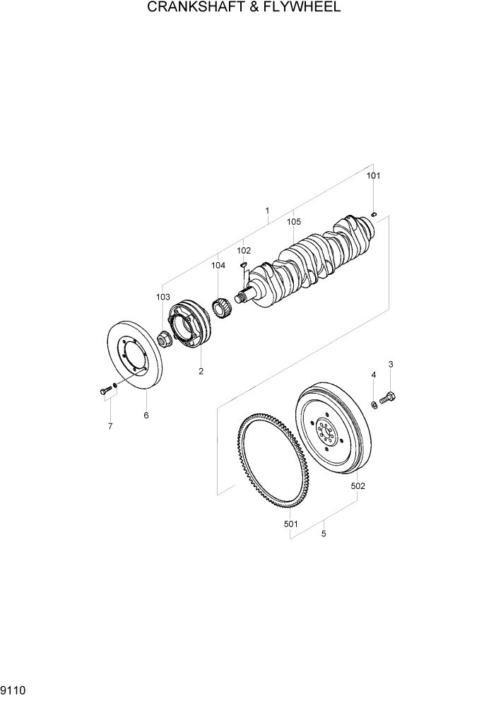 Схема запчастей Hyundai R170W7 - PAGE 9110 CRANKSHAFT & FLYWHEEL ДВИГАТЕЛЬ БАЗА