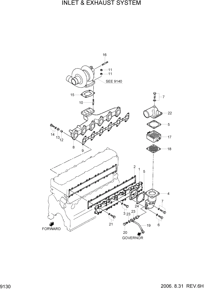 Схема запчастей Hyundai R170W7 - PAGE 9130 INLET & EXHAUST SYSTEM ДВИГАТЕЛЬ БАЗА