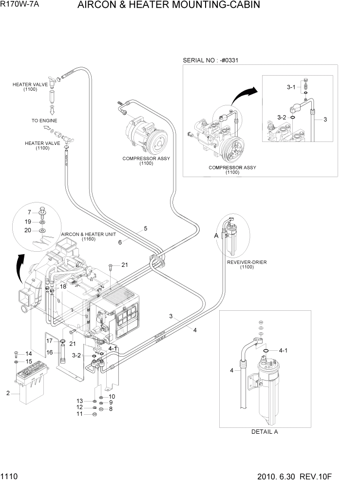 Схема запчастей Hyundai R170W7A - PAGE 1110 AIRCON & HEATER MOUNTING-CABIN СИСТЕМА ДВИГАТЕЛЯ