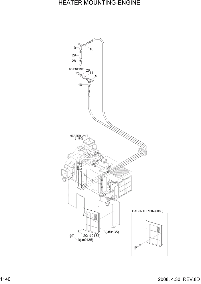 Схема запчастей Hyundai R170W7A - PAGE 1140 HEATER MOUNTING-ENGINE СИСТЕМА ДВИГАТЕЛЯ