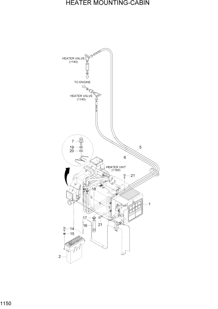 Схема запчастей Hyundai R170W7A - PAGE 1150 HEATER MOUNTING-CABIN СИСТЕМА ДВИГАТЕЛЯ