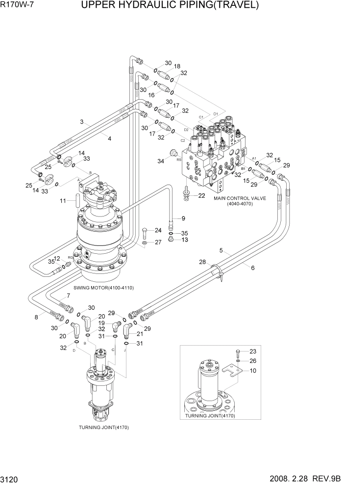 Схема запчастей Hyundai R170W7A - PAGE 3120 UPPER HYD PIPING(TRAVEL) ГИДРАВЛИЧЕСКАЯ СИСТЕМА