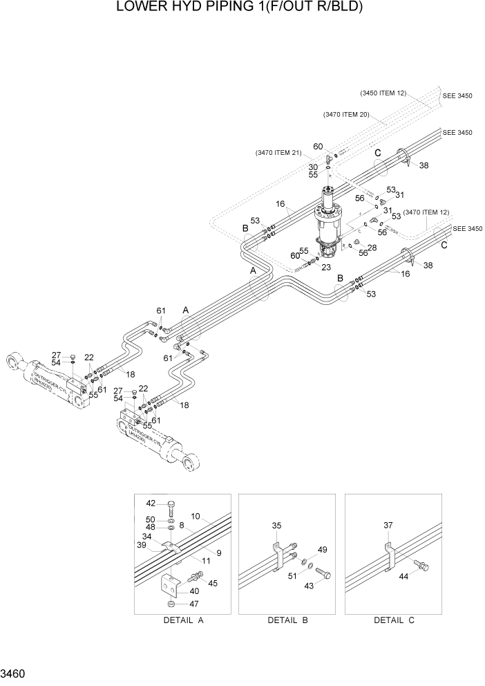 Схема запчастей Hyundai R170W7A - PAGE 3460 LOWER HYD PIPING 1(F/OUT R/BLD) ГИДРАВЛИЧЕСКАЯ СИСТЕМА