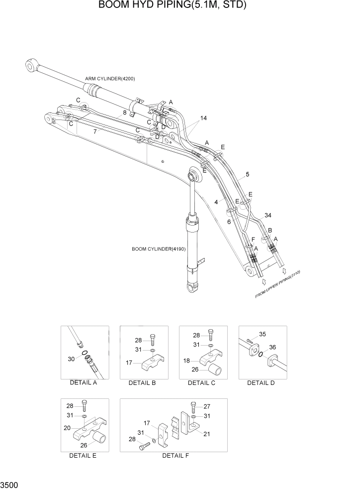 Схема запчастей Hyundai R170W7A - PAGE 3500 BOOM HYD PIPING(5.1M, STD) ГИДРАВЛИЧЕСКАЯ СИСТЕМА