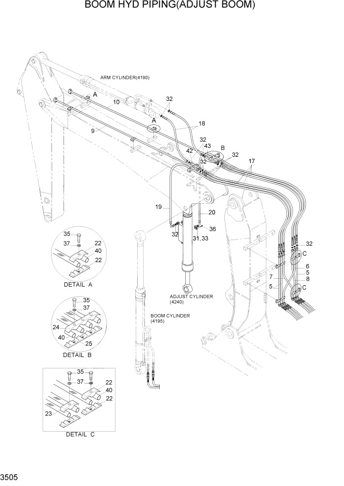 Схема запчастей Hyundai R170W7A - PAGE 3505 BOOM HYD PIPING(ADJUST BOOM) ГИДРАВЛИЧЕСКАЯ СИСТЕМА