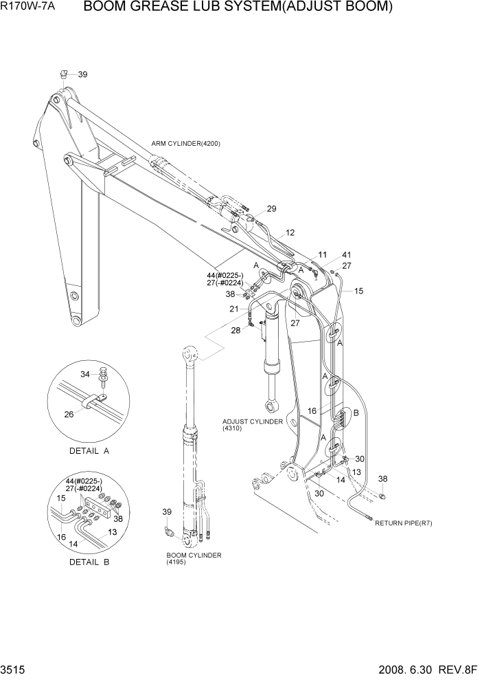 Схема запчастей Hyundai R170W7A - PAGE 3515 BOOM GREASE LUB SYSTEM(ADJUST BOOM) ГИДРАВЛИЧЕСКАЯ СИСТЕМА