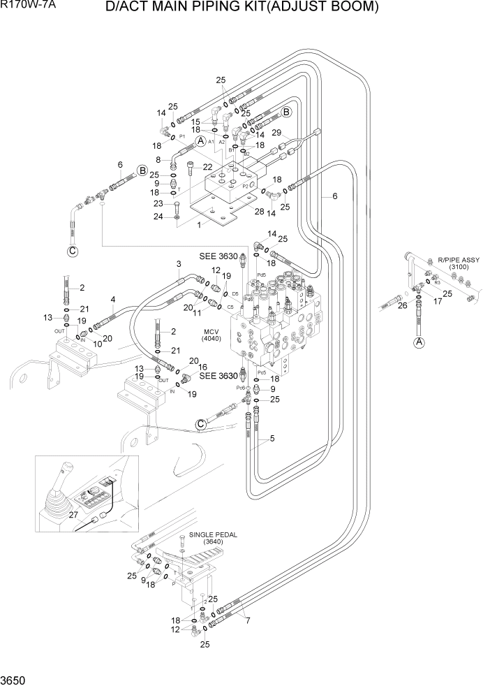 Схема запчастей Hyundai R170W7A - PAGE 3650 D/ACT MAIN PIPING KIT(ADJUST BOOM) ГИДРАВЛИЧЕСКАЯ СИСТЕМА