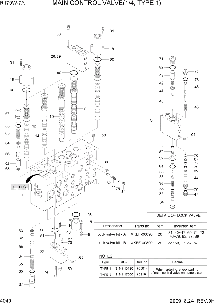 Схема запчастей Hyundai R170W7A - PAGE 4040 MAIN CONTROL VALVE(1/4, TYPE 1) ГИДРАВЛИЧЕСКИЕ КОМПОНЕНТЫ