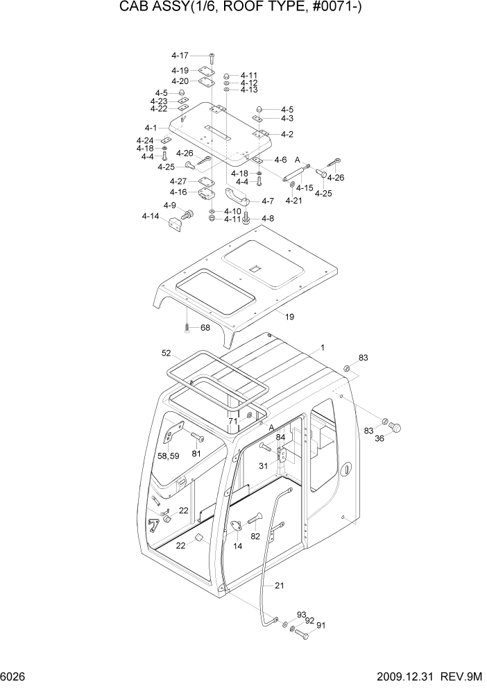 Схема запчастей Hyundai R170W7A - PAGE 6026 CAB ASSY(1/6, ROOF TYPE, #0136-) СТРУКТУРА