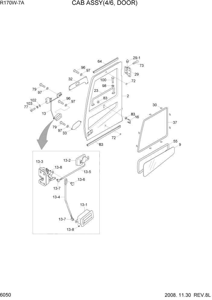 Схема запчастей Hyundai R170W7A - PAGE 6050 CAB ASSY(4/6, DOOR) СТРУКТУРА