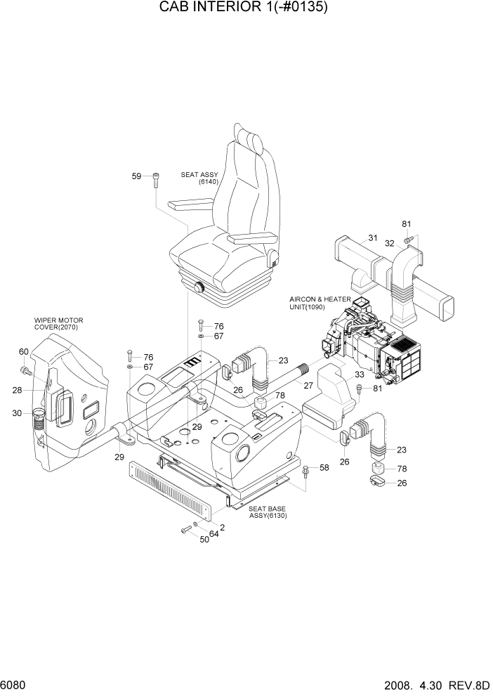 Схема запчастей Hyundai R170W7A - PAGE 6080 CAB INTERIOR 1(-#0135) СТРУКТУРА