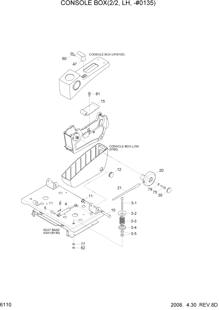 Схема запчастей Hyundai R170W7A - PAGE 6110 CONSOLE BOX(2/2, LH, -#0135) СТРУКТУРА