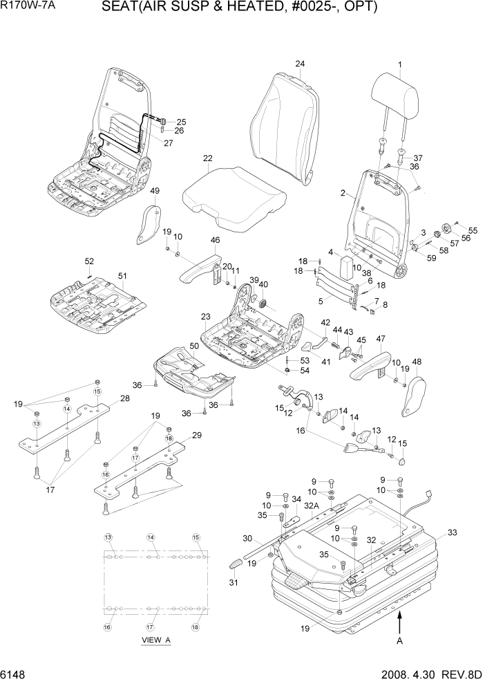 Схема запчастей Hyundai R170W7A - PAGE 6148 SEAT(AIR SUSP & HEATED, #0025-, OPT) СТРУКТУРА