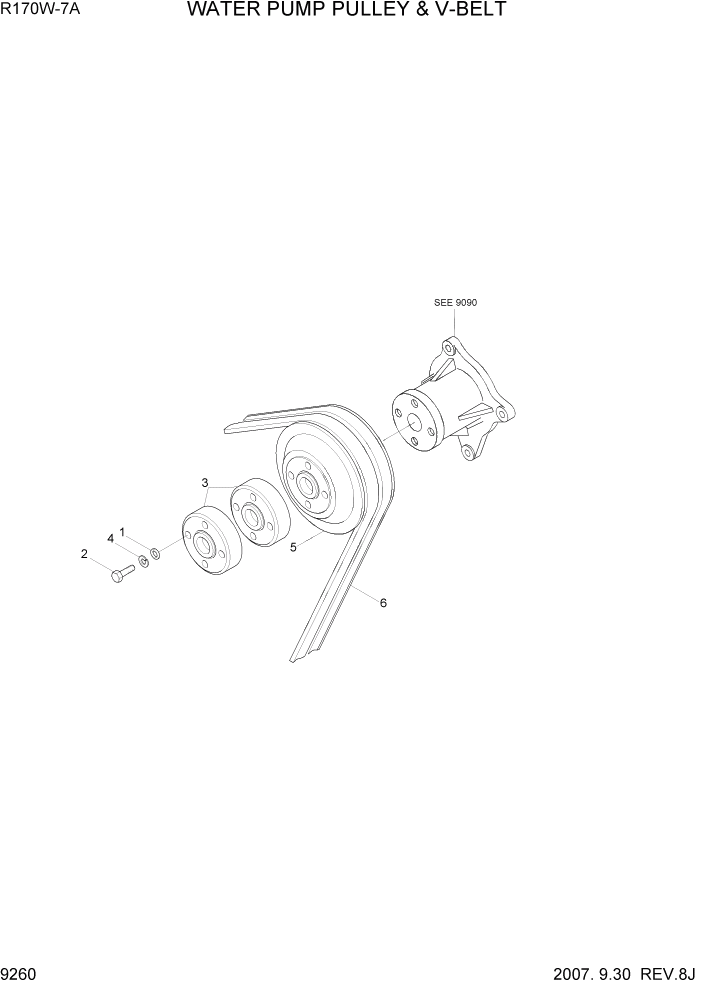 Схема запчастей Hyundai R170W7A - PAGE 9260 WATER PUMP PULLEY & V-VELT ДВИГАТЕЛЬ БАЗА