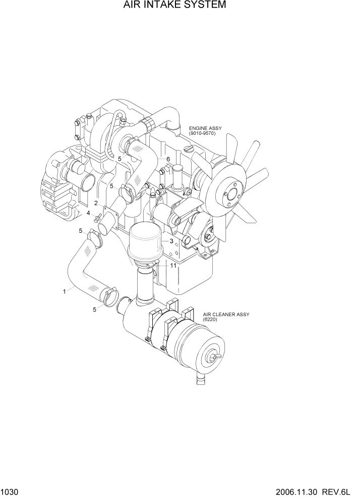 Схема запчастей Hyundai R200W7 - PAGE 1030 AIR INTAKE SYSTEM СИСТЕМА ДВИГАТЕЛЯ