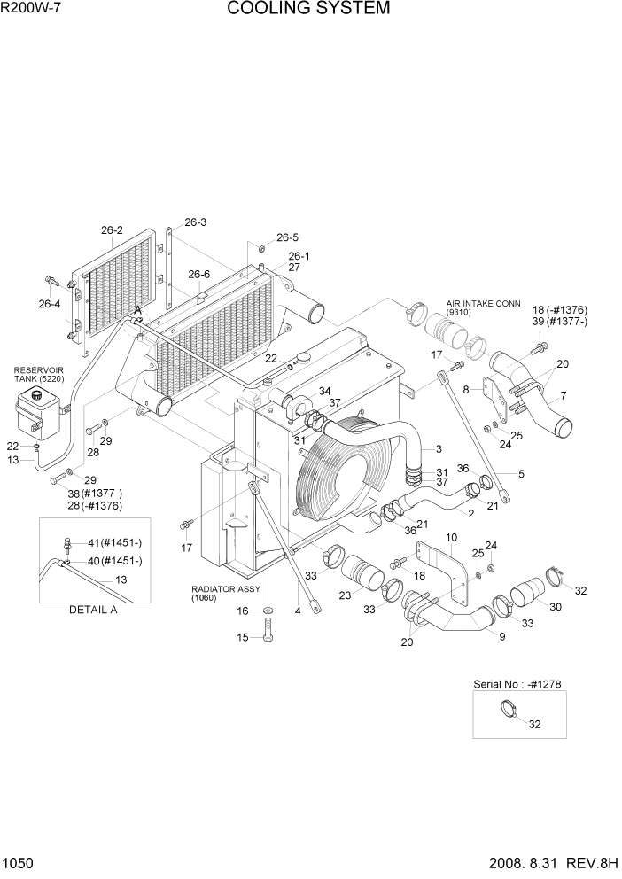 Схема запчастей Hyundai R200W7 - PAGE 1050 COOLING SYSTEM СИСТЕМА ДВИГАТЕЛЯ