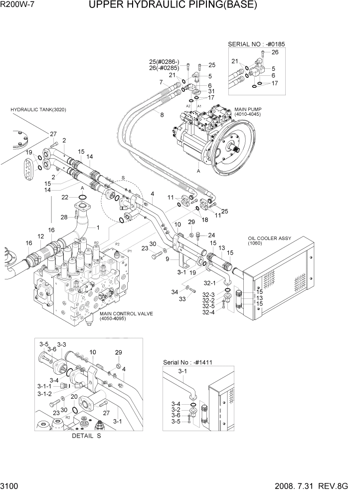 Схема запчастей Hyundai R200W7 - PAGE 3100 UPPER HYD PIPING(BASE) ГИДРАВЛИЧЕСКАЯ СИСТЕМА