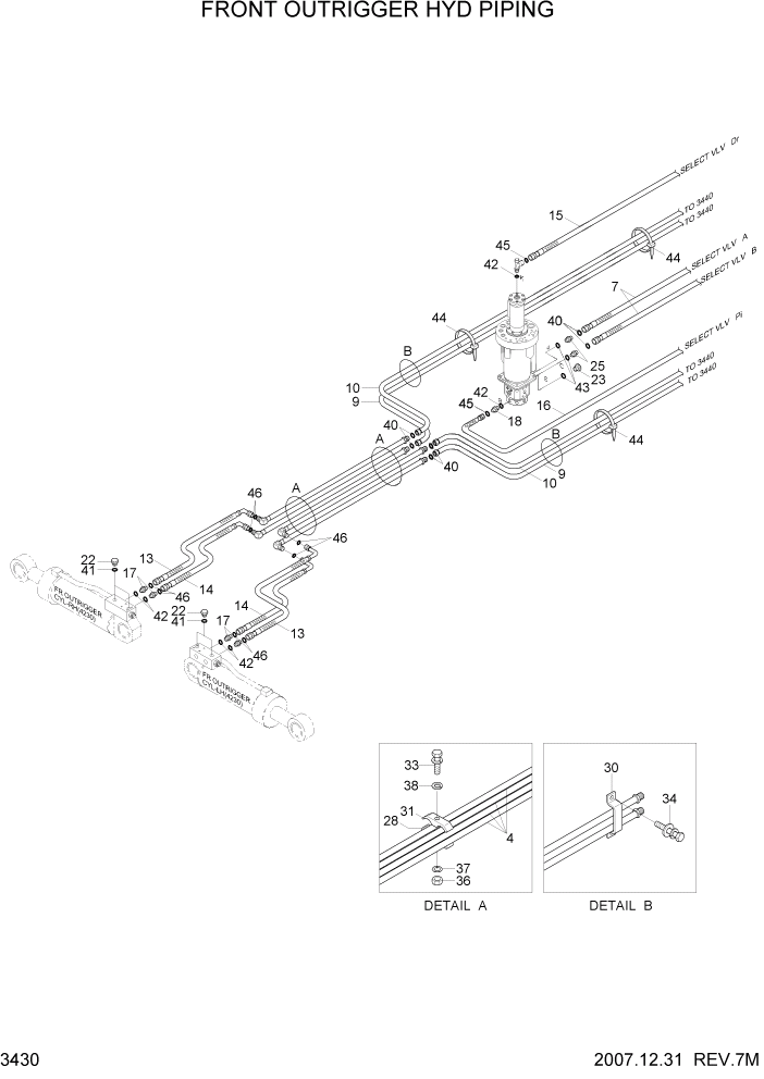 Схема запчастей Hyundai R200W7 - PAGE 3430 FRONT OUTRIGGER HYD PIPING ГИДРАВЛИЧЕСКАЯ СИСТЕМА