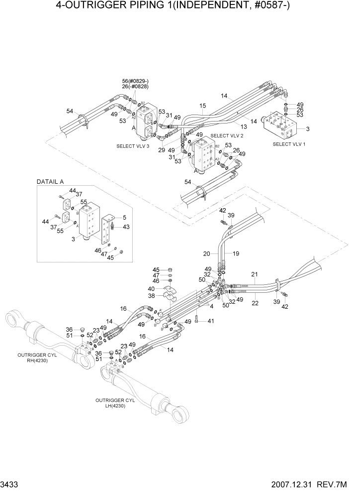 Схема запчастей Hyundai R200W7 - PAGE 3433 4-OUTRIGGER PIPING 1(INDEPENDENT,#0587-) ГИДРАВЛИЧЕСКАЯ СИСТЕМА