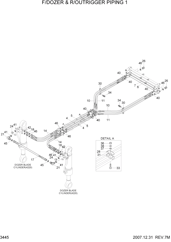 Схема запчастей Hyundai R200W7 - PAGE 3445 F/DOZER & R/OUTRIGGER PIPING 1 ГИДРАВЛИЧЕСКАЯ СИСТЕМА