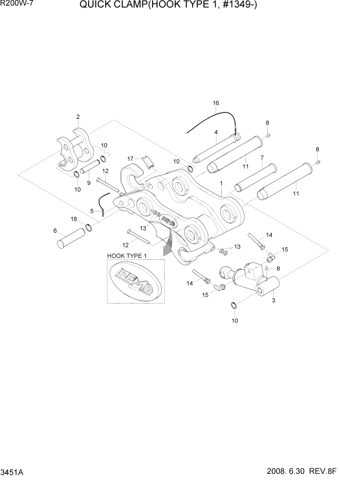 Схема запчастей Hyundai R200W7 - PAGE 3451A QUICK CLAMP(HOOK TYPE 1, #1349-) ГИДРАВЛИЧЕСКАЯ СИСТЕМА