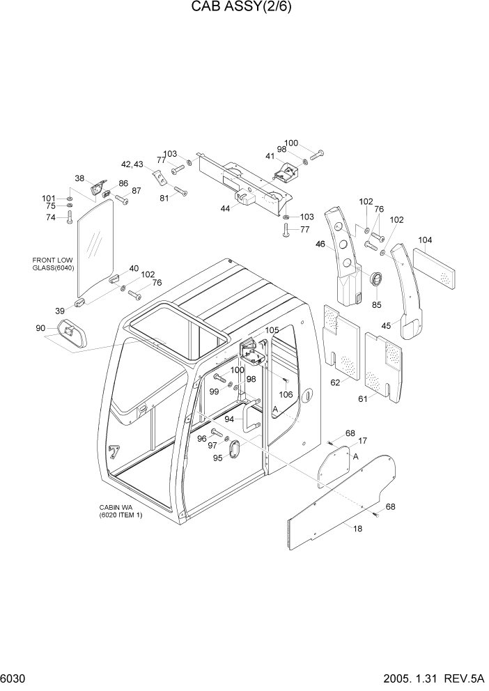 Схема запчастей Hyundai R200W7 - PAGE 6030 CAB ASSY(2/6) СТРУКТУРА