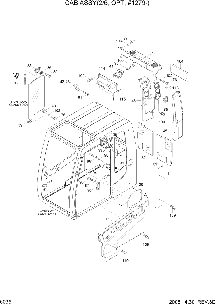 Схема запчастей Hyundai R200W7 - PAGE 6035 CAB ASSY(2/6, OPT, #1279-) СТРУКТУРА