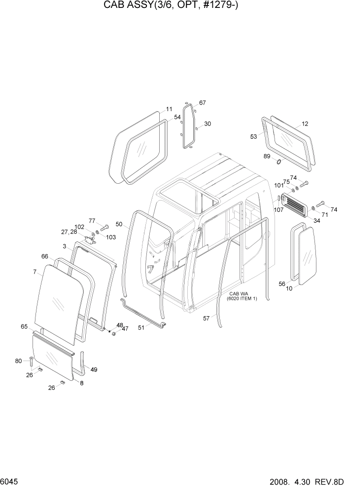 Схема запчастей Hyundai R200W7 - PAGE 6045 CAB ASSY(3/6, OPT, #1279-) СТРУКТУРА