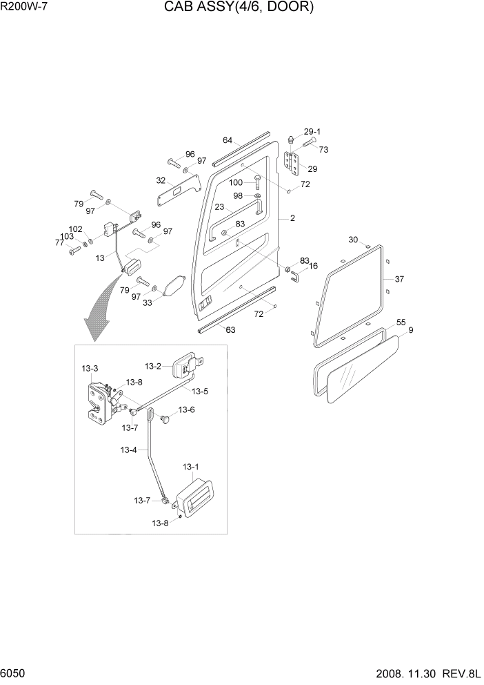 Схема запчастей Hyundai R200W7 - PAGE 6050 CAB ASSY(4/6, DOOR) СТРУКТУРА