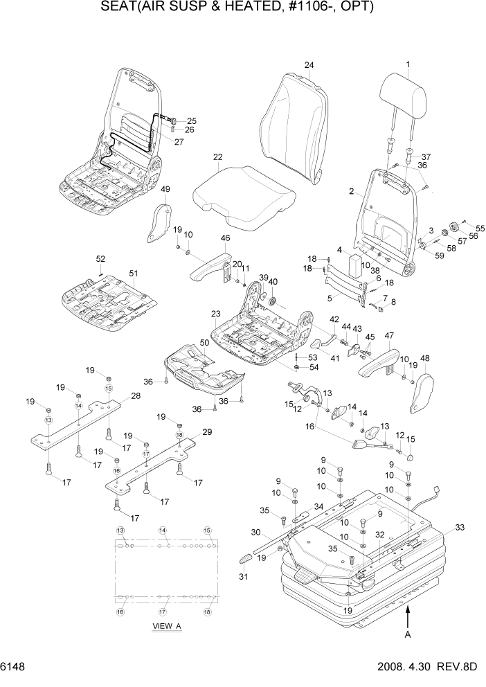 Схема запчастей Hyundai R200W7 - PAGE 6148 SEAT(AIR SUSP & HEATED, #1106-, OPT) СТРУКТУРА