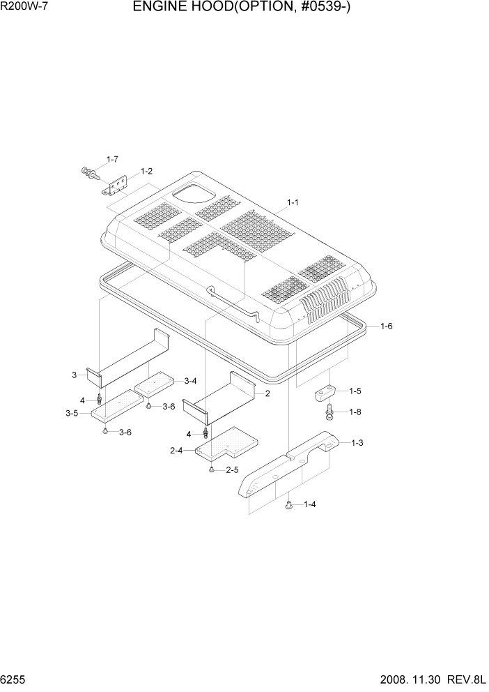 Схема запчастей Hyundai R200W7 - PAGE 6255 ENGINE HOOD(OPTION, #0539-) СТРУКТУРА