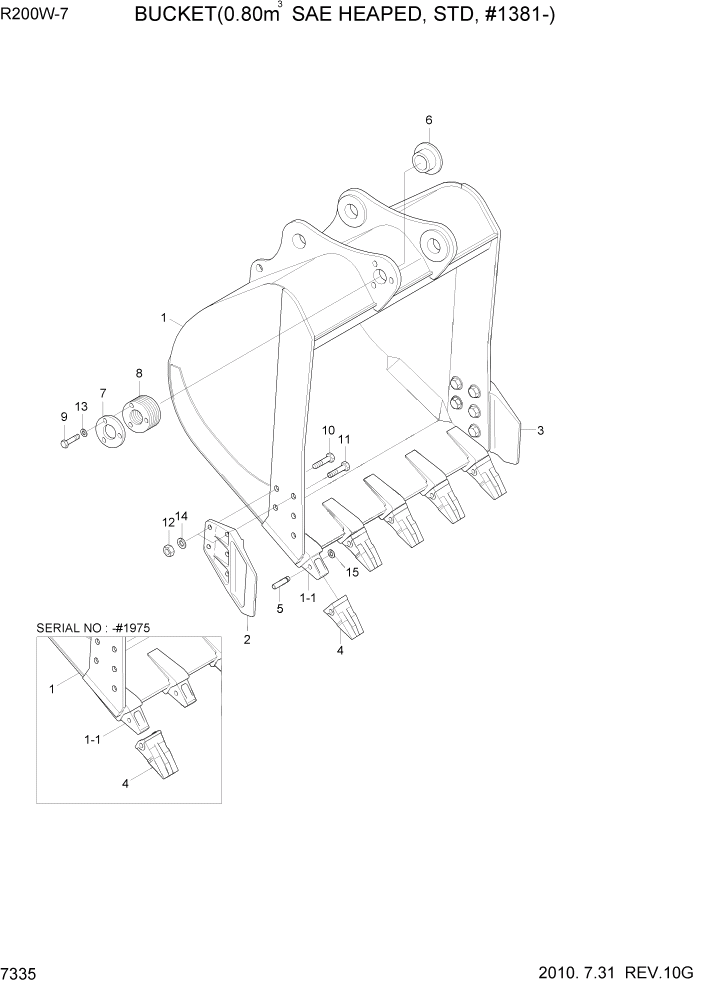 Схема запчастей Hyundai R200W7 - PAGE 7335 BUCKET(0.80M3 SAE HEAPED, #1381-) РАБОЧЕЕ ОБОРУДОВАНИЕ