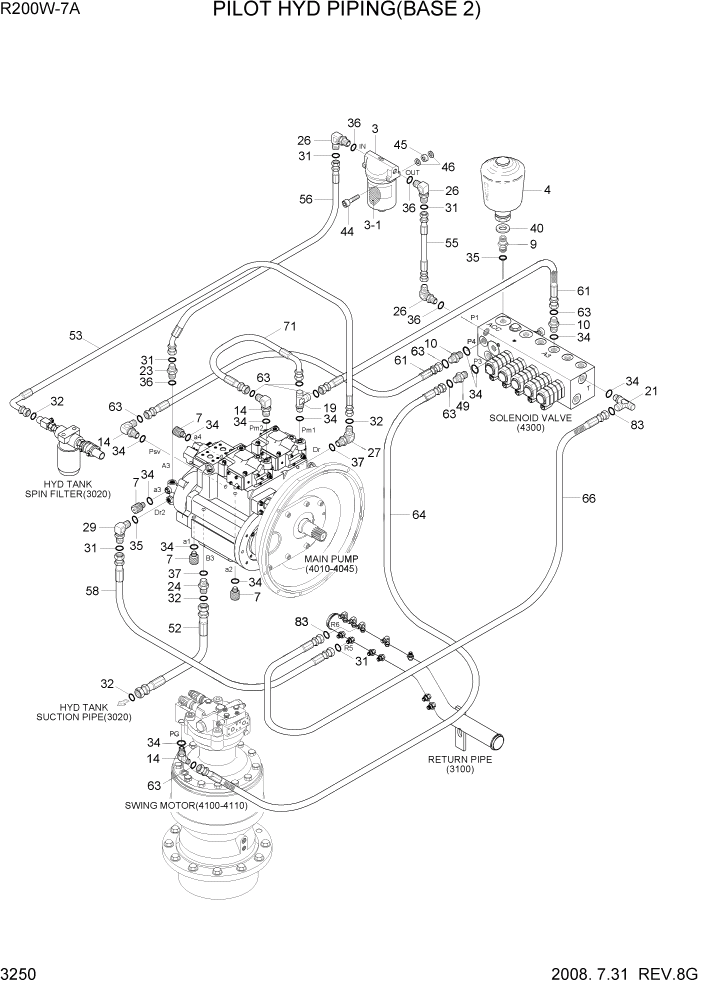 Схема запчастей Hyundai R200W7A - PAGE 3250 PILOT HYD PIPING(BASE 2) ГИДРАВЛИЧЕСКАЯ СИСТЕМА