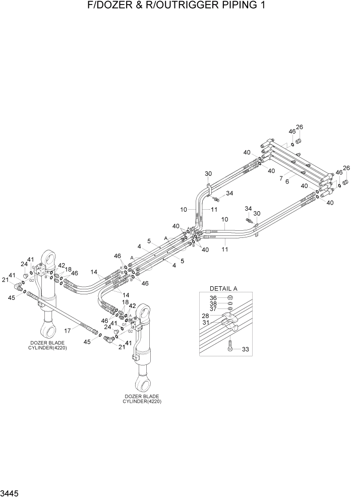 Схема запчастей Hyundai R200W7A - PAGE 3445 F/DOZER & R/OUTRIGGER PIPING 1 ГИДРАВЛИЧЕСКАЯ СИСТЕМА