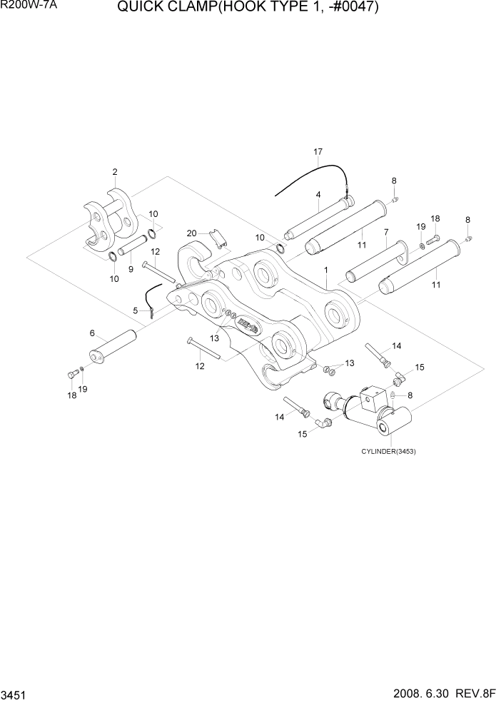 Схема запчастей Hyundai R200W7A - PAGE 3451 QUICK CLAMP(HOOK TYPE 1, -#0047) ГИДРАВЛИЧЕСКАЯ СИСТЕМА