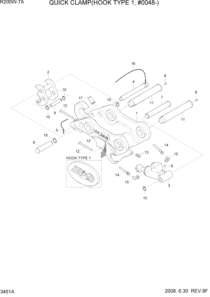 Схема запчастей Hyundai R200W7A - PAGE 3451A QUICK CLAMP(HOOK TYPE 1, #0048-) ГИДРАВЛИЧЕСКАЯ СИСТЕМА