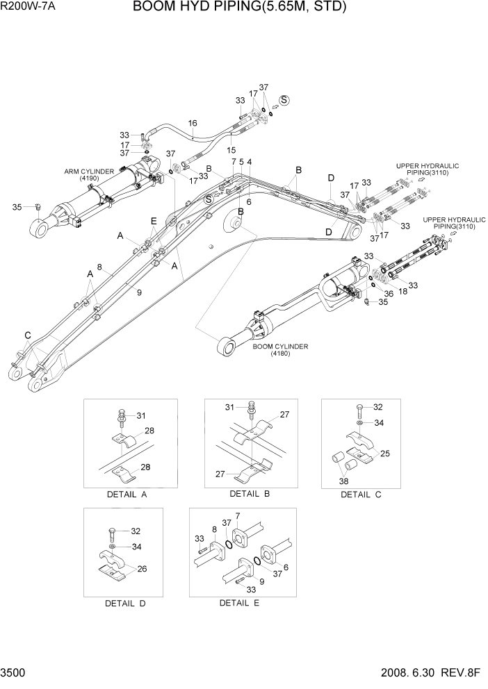 Схема запчастей Hyundai R200W7A - PAGE 3500 BOOM HYD PIPING(5.65M, STD) ГИДРАВЛИЧЕСКАЯ СИСТЕМА