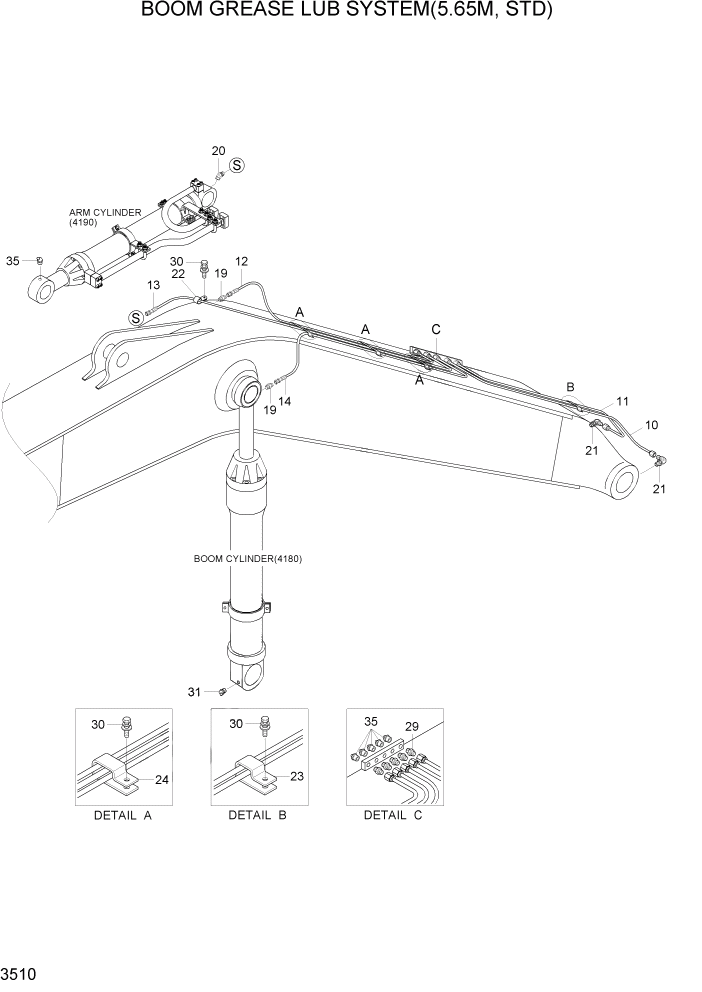 Схема запчастей Hyundai R200W7A - PAGE 3510 BOOM GREASE LUB SYSTEM(5.65M, STD) ГИДРАВЛИЧЕСКАЯ СИСТЕМА