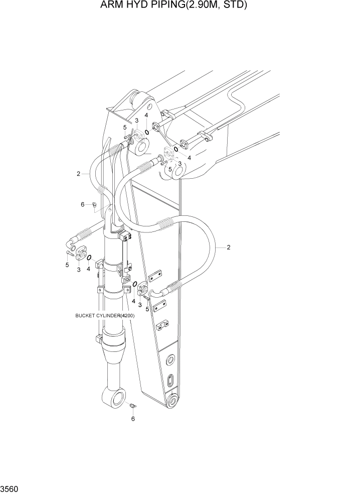 Схема запчастей Hyundai R200W7A - PAGE 3560 ARM HYD PIPING(2.90M, STD) ГИДРАВЛИЧЕСКАЯ СИСТЕМА