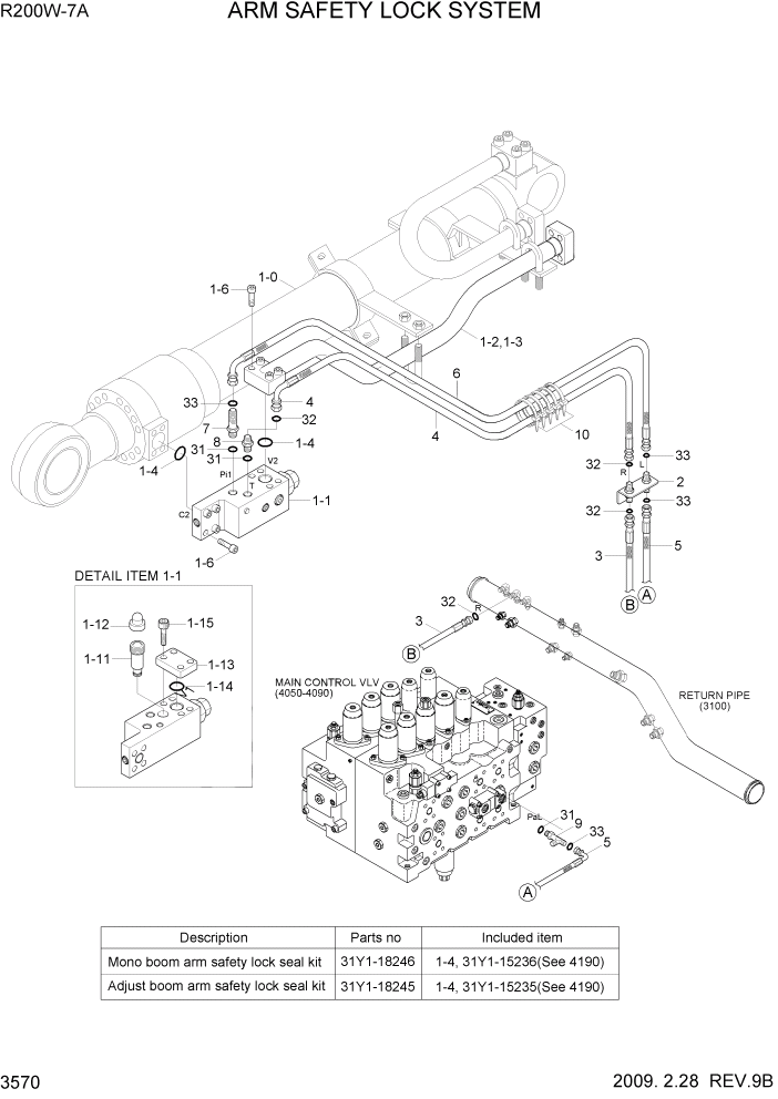 Схема запчастей Hyundai R200W7A - PAGE 3570 ARM SAFETY LOCK SYSTEM ГИДРАВЛИЧЕСКАЯ СИСТЕМА