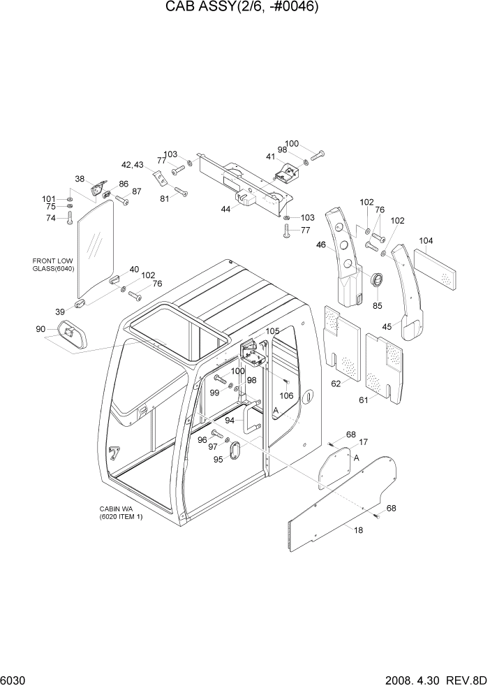 Схема запчастей Hyundai R200W7A - PAGE 6030 CAB ASSY(2/6, -#0046) СТРУКТУРА