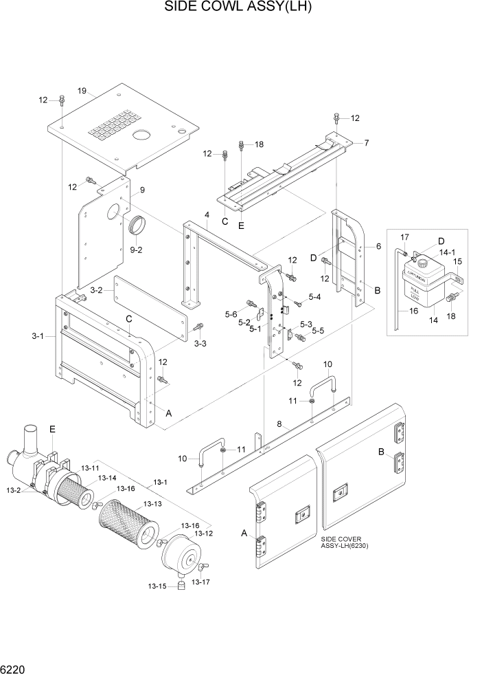 Схема запчастей Hyundai R200W7A - PAGE 6220 SIDE COWL ASSY(LH) СТРУКТУРА