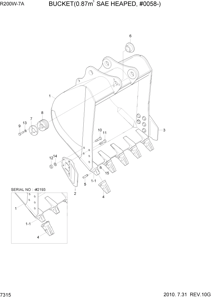 Схема запчастей Hyundai R200W7A - PAGE 7315 BUCKEC(0.87M3 SAE HEAPED, #0058-) РАБОЧЕЕ ОБОРУДОВАНИЕ